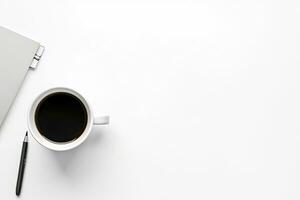 Office desk table with keyboard and coffee cup. Top view with copy space. Generative AI photo