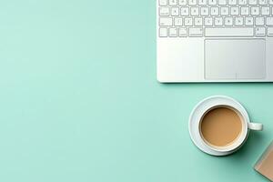 Office desk table with keyboard and coffee cup. Top view with copy space. Generative AI photo