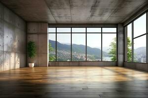 Empty room with panoramic window and mountain view. Generative AI photo