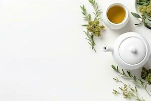 Green tea in a white teapot and cups on white background top view with copy space. Generative AI photo