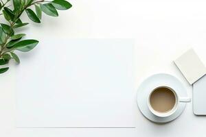 Office desk table with keyboard and coffee cup. Top view with copy space. Generative AI photo