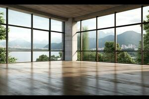 Empty room with panoramic window and mountain view. Generative AI photo