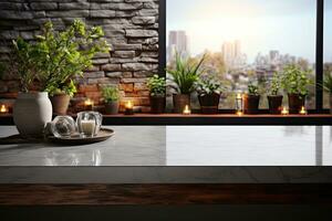 Interior of modern kitchen with gray walls, concrete floor, white marble countertops and bar with stools. Generative AI photo