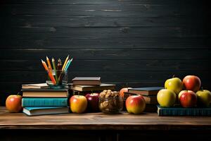 Bookshelf and vintage writing desk with books and decorations on black background. Generative AI photo