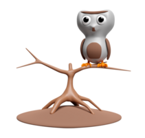 3d halloween day concept with cute owl perched on branch isolated. holiday party, 3d render illustration png