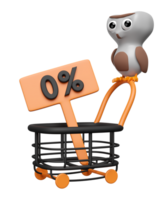 3d halloween day concept with cute owl perched on shopping carts, discount sign isolated. holiday party, 3d render illustration png
