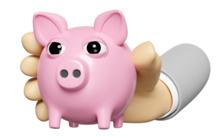 3d businessman hands holding pink piggy bank isolated. saving money concept, 3d render illustration png