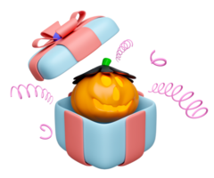 3d halloween holiday party with pumpkin, hat, explosion firecracker gift box isolated. 3d render illustration png