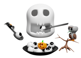 3d halloween day concept with skull eats eyeball, pumpkin head in plate, cute ghost owl perched on branch isolated. holiday party, 3d render illustration png