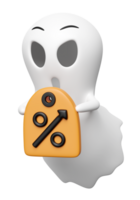 3d halloween day concept with cute ghost holding price tags coupon isolated.  holiday party, 3d render illustration png