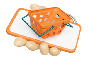 3d hand holding smartphone with orange basket isolated. hand using mobile phone, online shopping, minimal concept, 3d render illustration png