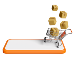 3d orange mobile phone, smartphone with paper bags, goods cardboard box, shopping cart isolated. online shopping concept, 3d render illustration png