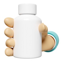 3d mano Tenere bianca pillola bottiglia isolato. finto su modello concetto, 3d rendere illustrazione png