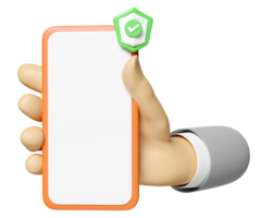 3d businessman hand hold mobile phone or smartphone with green shield check isolated. Internet security or privacy protection, ransomware protect concept, 3d render illustration png