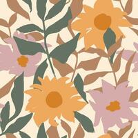 Seamless floral pattern with abstract flowers and leaves in autumn colors. Hand drawn brush strokes style design vector