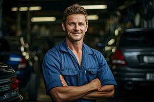 técnico, masculino auto mecánico en bata en moderno auto reparar comercio, cochera. generativo ai foto