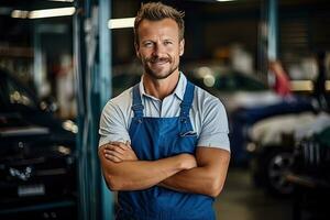 Technician, male auto mechanic in coverall in modern auto repair shop, garage. Generative AI photo
