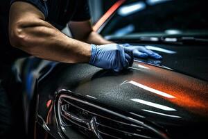 cerca arriba de un auto cuerpo mecánico pulido un rasguño en Deportes coche. generativo ai foto