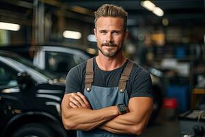 Technician, male auto mechanic in coverall in modern auto repair shop, garage. Generative AI photo