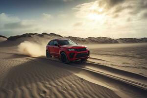 luxury car on sand dunes. Generative AI photo