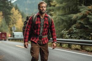 Handsome bearded man with backpack in the autumn forest. Travel and adventure concept. photo