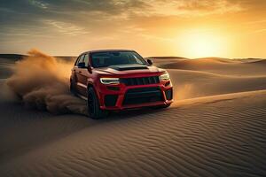 luxury car on sand dunes. Generative AI photo