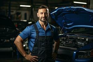 Technician, male auto mechanic in coverall in modern auto repair shop, garage. Generative AI photo