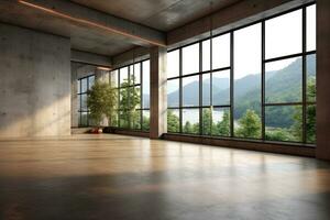 Empty room with panoramic window and mountain view. Generative AI photo