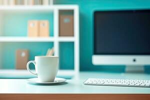 Office desk table with keyboard and coffee cup. Top view with copy space. Generative AI photo