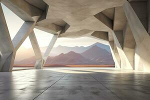 architecture empty room with window and mountain background with sunlight. Generative AI photo