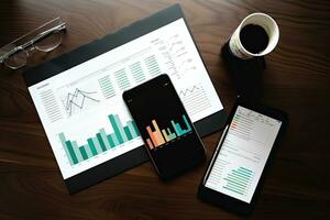 Smartphone and Tablet pc with financial charts and graphs on office desk, business concept. Generative AI photo