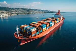 Goods import, export trade, logistics and international transportation by containers, cargo ships in the open sea, ocean cargo. Generative AI photo