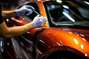 Close up of a auto body mechanic buffing a scratch on sports car. Generative AI photo