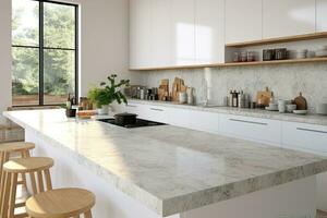 Interior of modern kitchen with gray walls, concrete floor, white marble countertops and bar with stools. Generative AI photo
