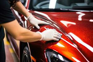 Close up of a auto body mechanic buffing a scratch on sports car. Generative AI photo