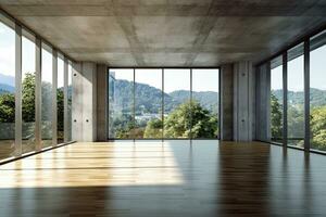 Empty room with panoramic window and mountain view. Generative AI photo