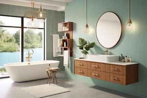 interior de moderno baño con verde paredes, de madera piso, cómodo bañera y doble lavabo con espejo. generativo ai foto