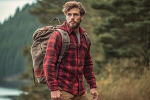 Handsome bearded man with backpack in the autumn forest. Travel and adventure concept. photo