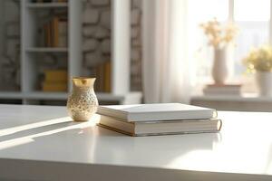 Close - up Modern white table top with free space to edit your product display with books above the living room blurred in the background. Generative AI photo