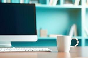 Office desk table with keyboard and coffee cup. Top view with copy space. Generative AI photo