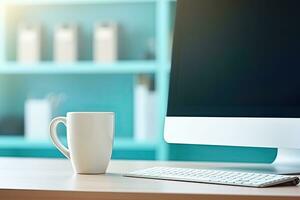 Office desk table with keyboard and coffee cup. Top view with copy space. Generative AI photo