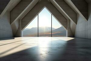 architecture empty room with window and mountain background with sunlight. Generative AI photo