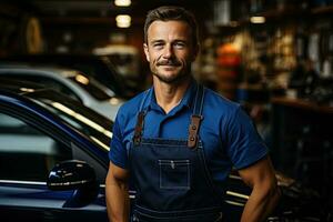 Technician, male auto mechanic in coverall in modern auto repair shop, garage. Generative AI photo