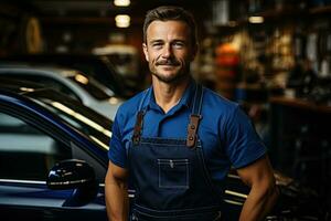 Technician, male auto mechanic in coverall in modern auto repair shop, garage. Generative AI photo