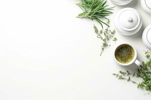 Green tea in a white teapot and cups on white background top view with copy space. Generative AI photo