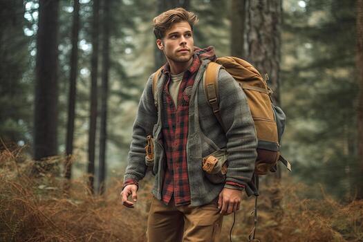 Handsome bearded man with backpack in the autumn forest. Travel and adventure concept. photo