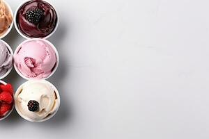 Ice cream with fresh berries in glass bowl on black background, top view. Generative AI photo