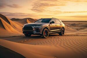 luxury car on sand dunes. Generative AI photo