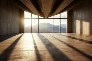 architecture empty room with window and mountain background with sunlight. Generative AI photo