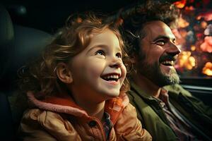 happy father and daughter looking at camera while sitting in backseat of car. Generative AI photo